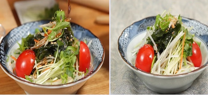 Thời tiết giao mùa, bạn có thể chế biến salad rong biển để bồi bổ cơ thể. Nguyên liệu cần có gồm rong biển, tôm khô, tỏi, giấm gạo, hẹ và đường.