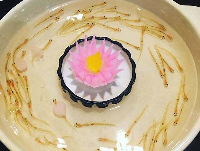 Shirouo no Odorigui là tên gọi của những con cá non trong suốt. Điều thú vị của món ăn này là khi ăn, những con cá sẽ ngọ nguậy trong miệng của bạn. Thường thì cá được bỏ vào một cốc chứa giấm và trứng. Thực khách sẽ thưởng thức món ăn độc đáo này bằng cách uống cả hỗn hợp. Đặc biệt với sự xuất hiện của giấm, cá bị xót nên liên tục "nhảy múa" mạnh hơn bình thường.