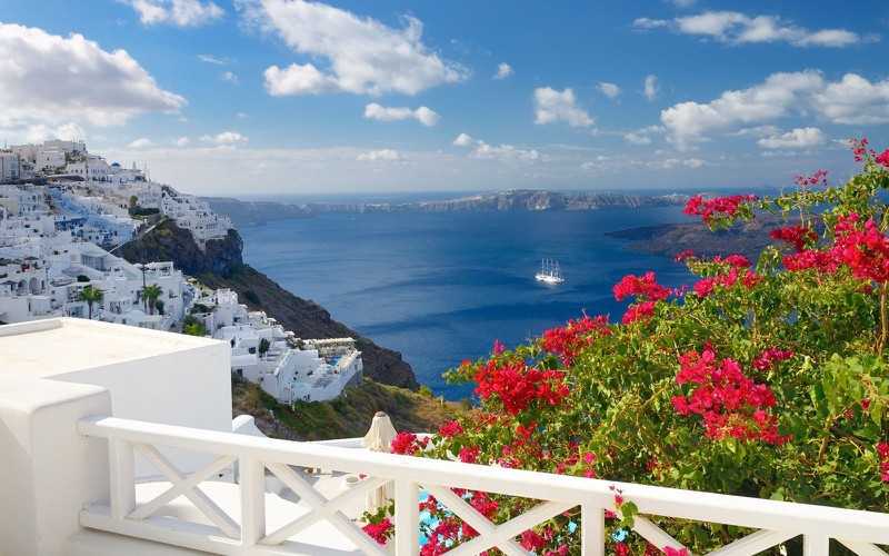 Những khóm hoa rực rỡ càng nổi bật hơn trên nền trời biển xanh và những công trình nhà cửa màu trắng.