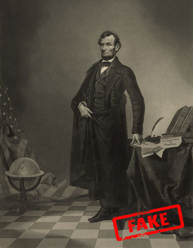 Đây là bức chân dung nổi tiếng của Tổng thống Mỹ Abraham Lincoln được nhiều người biết đến. Thế nhưng, đây là một sản phẩm giả mạo, đã qua chỉnh sửa.