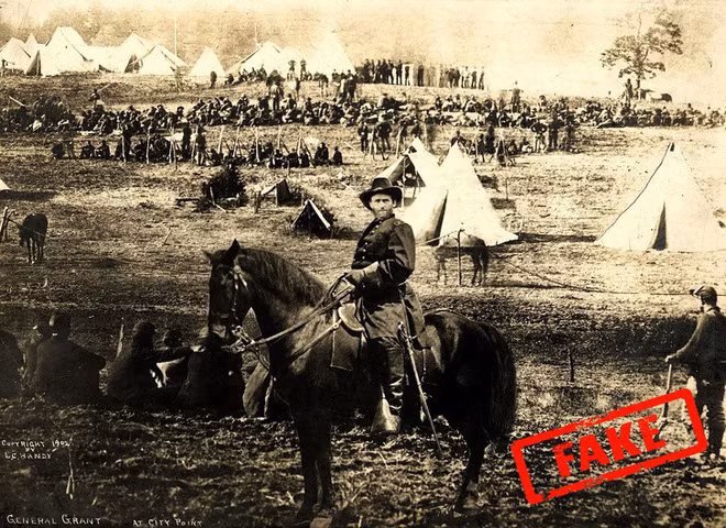 Đây là bức ảnh nổi tiếng trong cuộc nội chiến Mỹ chụp lại hình ảnh oai phong của tướng Ulysses S. Grant. Thế nhưng, nhiều năm sau, người ta phát hiện bức ảnh bị chỉnh sửa. Trên thực tế, bức hình này được cắt ghép từ 3 bức ảnh khác.