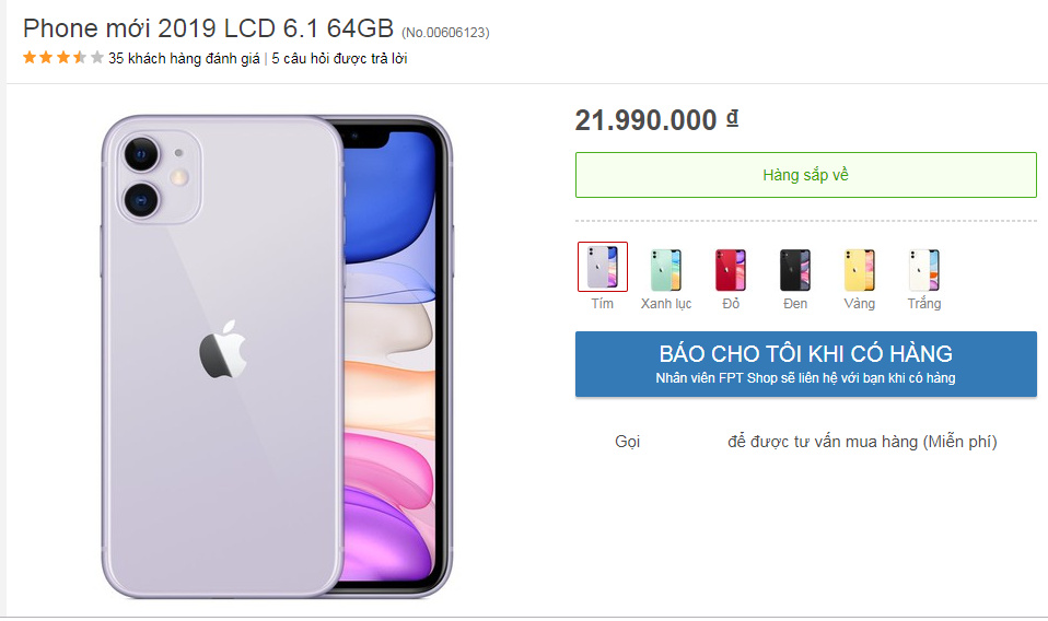 iPhone 11 bản 64GB sẽ có giá dự kiến 21,99 đồng cho tất cả phiên bản màu vàng, tím, xanh lục, đỏ, đen và trắng.