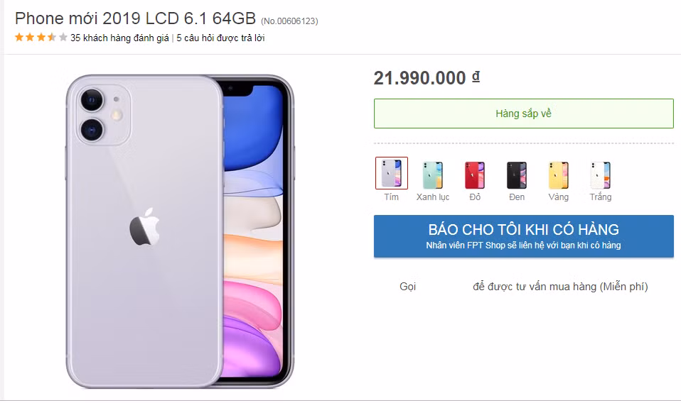 iPhone 11 bản 64GB sẽ có giá dự kiến 21,99 đồng cho tất cả phiên bản màu vàng, tím, xanh lục, đỏ, đen và trắng.