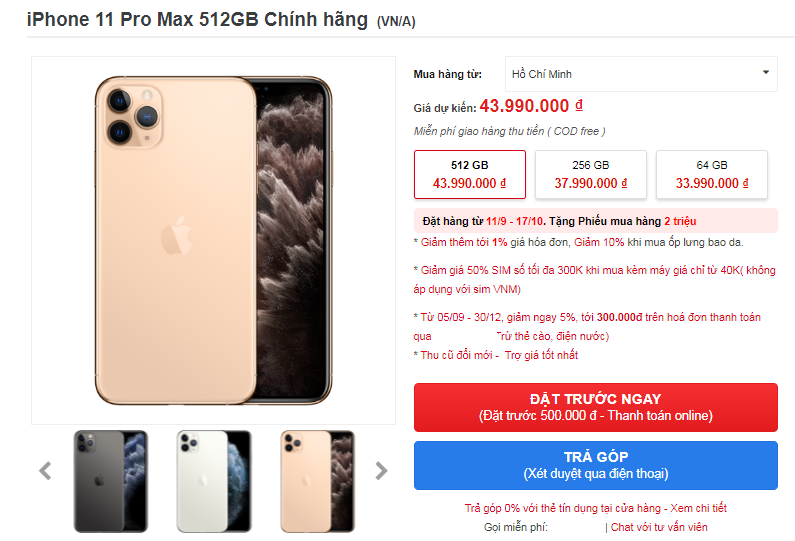 Chiếc iPhone 11 Pro Max có giá 43.990 triệu đồng ở phiên bản 512 GB trên website của CellphoneS.