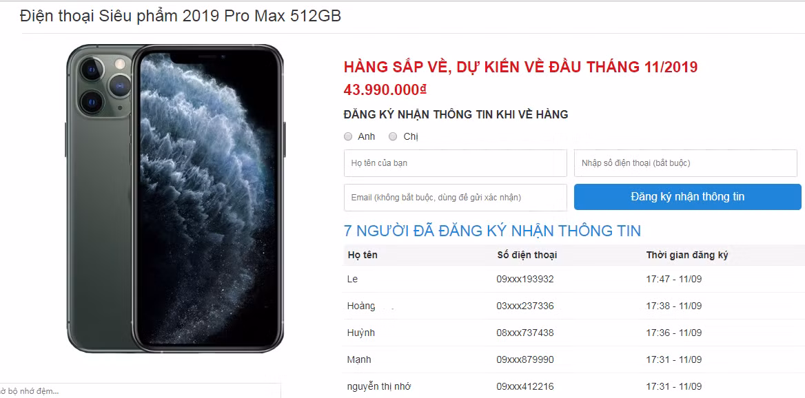 Iphone 11 Pro Max phiên bản 512 GB có giá 43,990 triệu đồng.