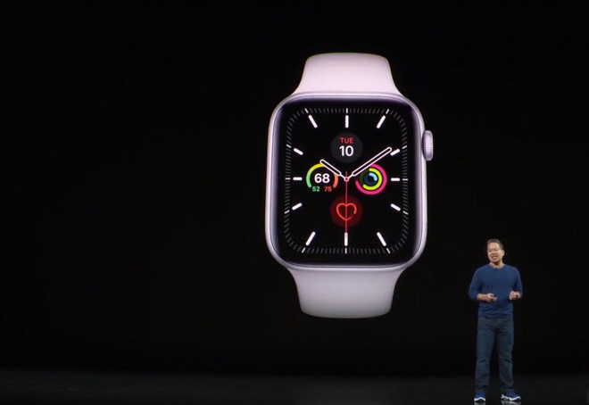 Cũng trong sự kiện lần này, Apple Watch Series 5 chính thức ra mắt. Apple Watch Series 5 được trang bị tính năng màn hình luôn sáng với thời lượng pin kéo dài cả ngày. Đồng thời, model này cũng được trang bị tính năng la bàn. Tuy vậy, tổng thể thiết kế của sản phẩm không thay đổi.