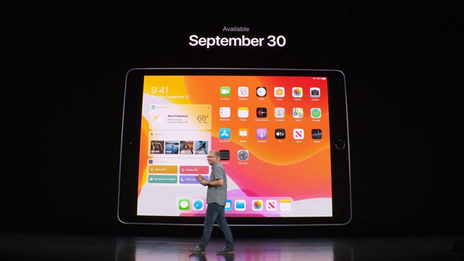 iPad gen 7 lên kệ vào ngày 30/9. iPad thế hệ thứ 7 sử dụng màn hình 10,2 inch, tốc độ xử lý nhanh gấp 2 lần so với phiên bản tiền nhiệm. Camera 8MP, có phiên bản kết nối sóng di động, chất liệu nhôm tái chế 100%.