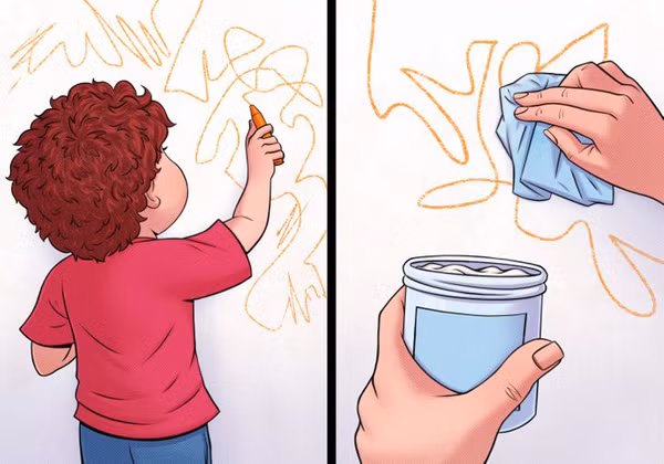 Làm sạch vết bút chì màu bằng mayonnaise: Những nét vẽ nguệch ngoạc trên tường sẽ được giải quyết dễ dàng bằng mayonnaise. Đầu tiên, bạn thử nước sốt trên một diện tích nhỏ, dùng vải chà lên vết bút chì. Nếu chúng biến mất, bạn làm tương tự như vậy trên tất cả diện tích.