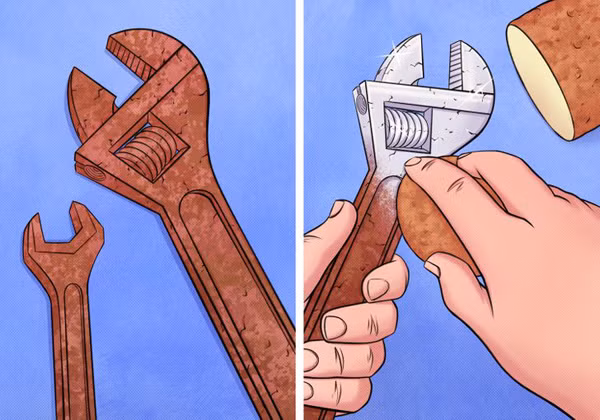 Loại bỏ rỉ sét trên dụng cụ kim loại bằng khoai tây: Khoai tây chứa axit oxalic – một chất làm sạch rất tốt nên sẽ dễ dàng phát huy hiệu quả loại bỏ rỉ sét trên các vật dụng kim loại. Muốn tăng hiệu quả, bạn nhúng khoai tây cắt lát với baking soda hoặc xà phòng rửa bát.