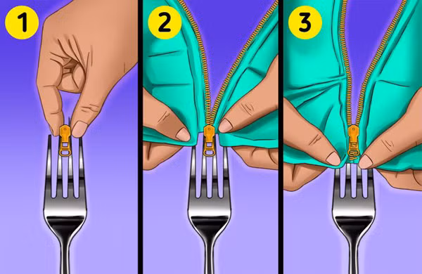 Dùng nĩa để cố định các mấu khóa bị bung: Nếu không may khóa kéo bị bung ra, bạn đừng cố sức dùng tay để đưa chúng vào vị trí ban đầu. Lúc này, bạn có thể tận dụng mẹo vặt từ chiếc nĩa để cố định rồi luồn vào như trong hình. (Nguồn: BS)