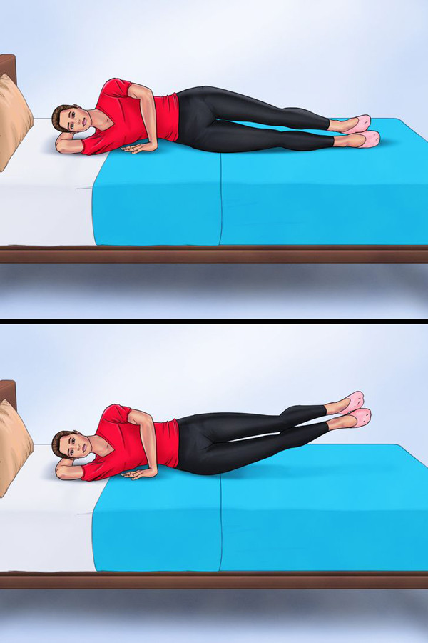 Nằm nghiêng nâng chân: Nằm nghiêng sang một bên, một tay đỡ đầu, một tay hỗ trợ làm điểm tựa. Ép đùi và bụng chân tạo thành một đường thẳng, từ từ nâng lên cao. Giữ tư thế trong 1-2 giây rồi hạ xuống sao cho chân không chạm giường. Thực hiện 2 lần, mỗi lần 15 nhịp.