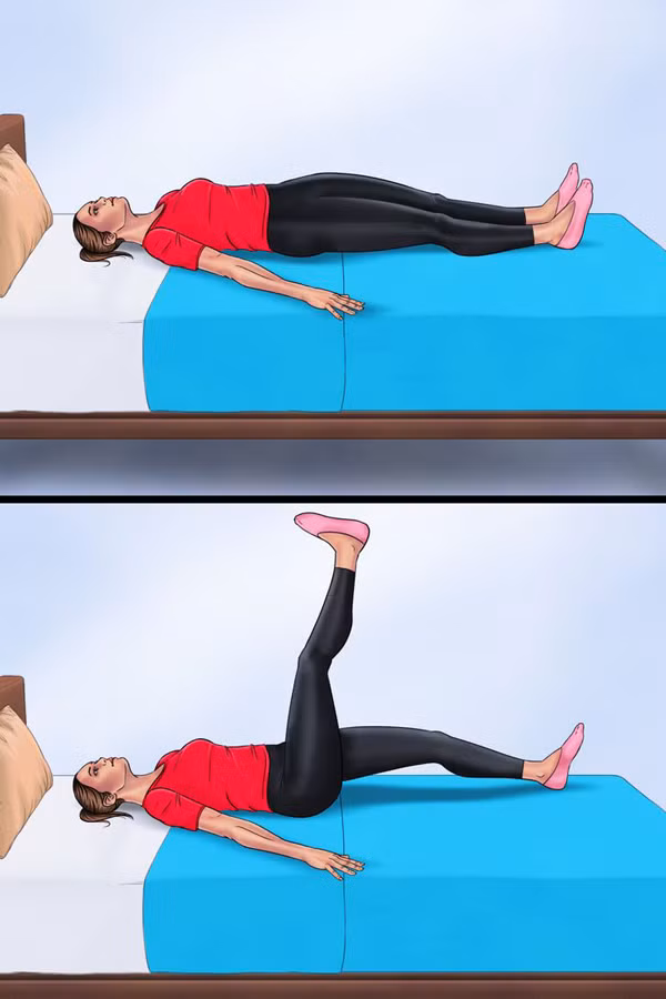 Vặn cột sống: Nằm ngửa trên giường sao cho lưng, chân tạo thành một đường thẳng. Dang rộng cánh tay, giữ chúng ép vào thành giường để tạo điểm tựa. Nâng cao chân về phía trần nhà, hạ thấp cơ thể về phía sàn nhà chân còn lại. Chú ý đổi chân trong những nhịp kế tiếp.