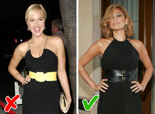 Bạn gái cố gắng tránh sử dụng đai lưng nạm cầu kỳ, to bản hay tạo ra màu sắc tương phản với trang phục. Chúng sẽ khiến tổng thể của bạn không hài hòa.