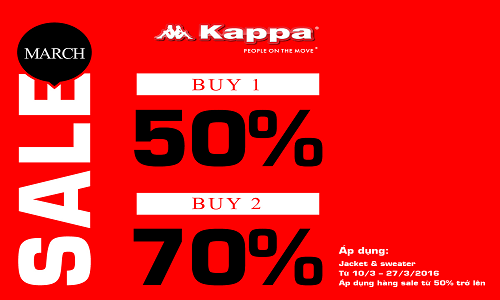 Thời trang Kappa với chương trình “Tháng 3 ngập tràn ưu đãi” từ ngày 10/3 đến hết ngày 27/3/2016 sale 50% trở lên cho các sản phẩm áo khoác jacket và sweater. Nếu khách hàng mua một sản phẩm sẽ được giảm giá 50%. Mua từ 2 sản phẩm sẽ được giảm 70%.