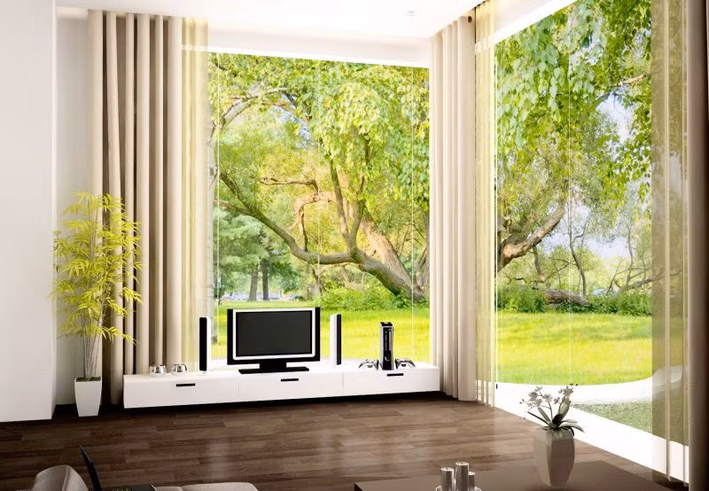 Việc kết hợp chất liệu kính trên mặt tiền đối diện với khu vườn xanh tươi đem lại hiệu ứng đẹp đến bất ngờ. Ảnh: chuyenkinhcuongluc.