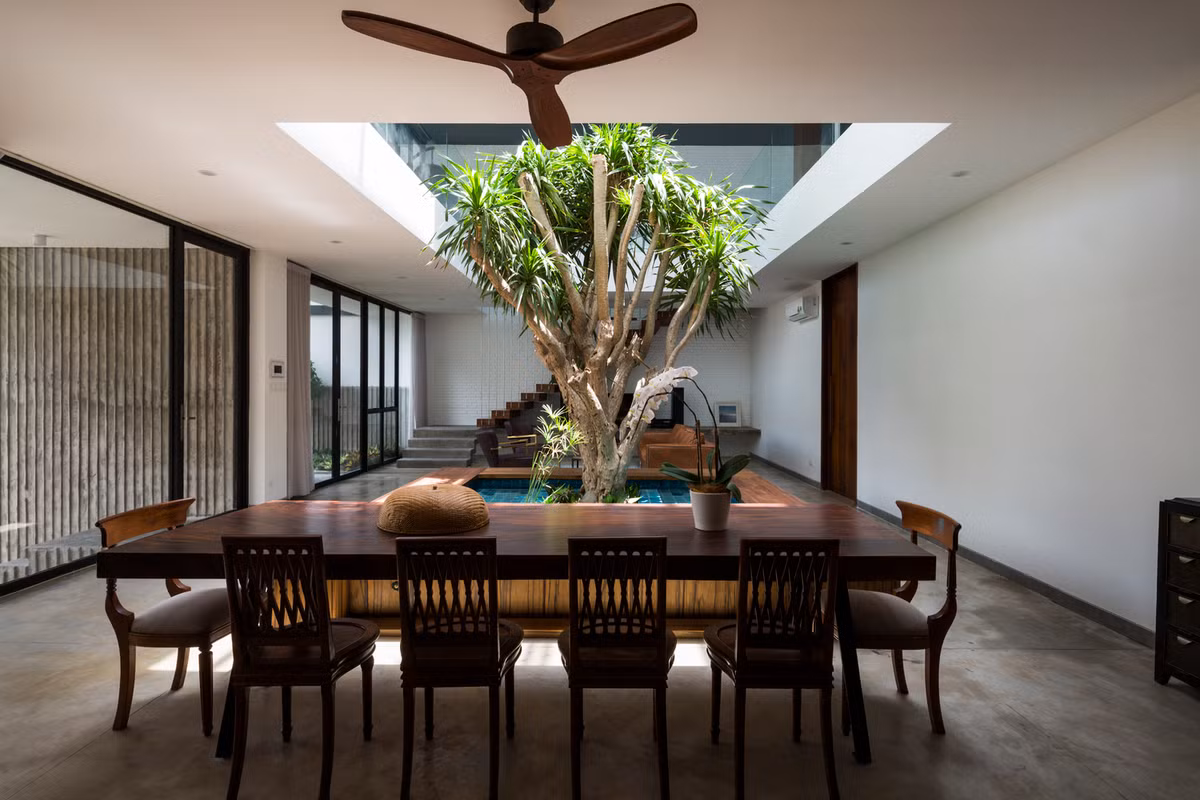 Bạn có thể kết hợp sân trong với giếng trời để tạo một sân vườn nho nhỏ và bắt mắt ngay trung tâm ngôi nhà. Ảnh: Anthuanphuoc.