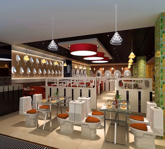 Nhà hàng ăn theo chủ đề Toilet: Nằm ở Hồng Kông, Trung Quốc, nhà hàng này theo chủ đề toilet, mọi vật dụng đều được lấy thiết kế hình dáng như ghế nhà vệ sinh, nhà vệ sinh, hình chén nước tiểu ... 