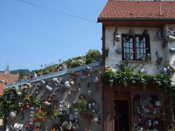 Tường và mái nhà của cửa hàng hoa bây giờ được phủ 800 thùng nước, chưa kể đến vô số thùng nước được trang trí bên trong.