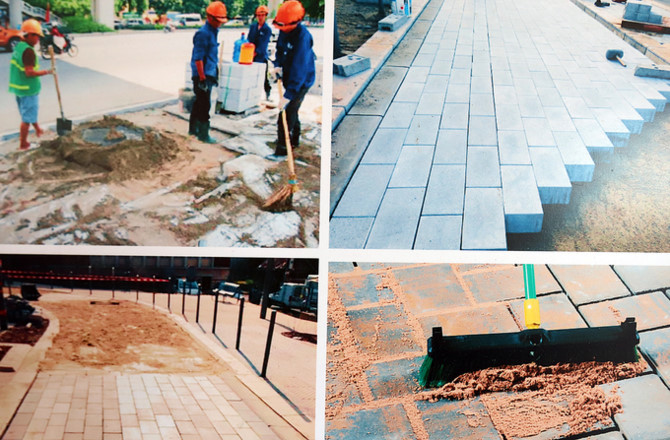 Mô phỏng quá trình lát đá granite tự nhiên cho vỉa hè. Ảnh: mGift.