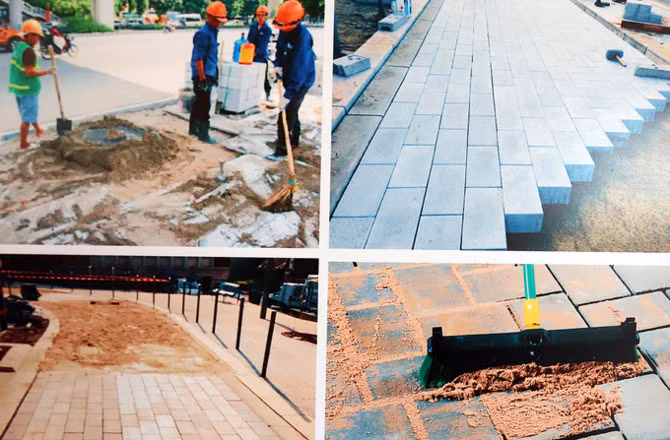 Mô phỏng quá trình lát đá granite tự nhiên cho vỉa hè. Ảnh: mGift.