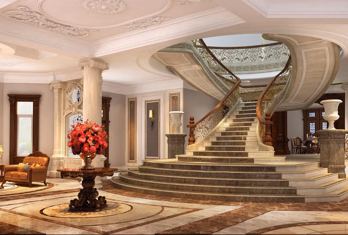 Nếu nhà bạn có diện tích lớn, hãy thử nghiệm với mẫu cầu thang mang phong cách hoàng gia này. Ảnh thienthanhbao.