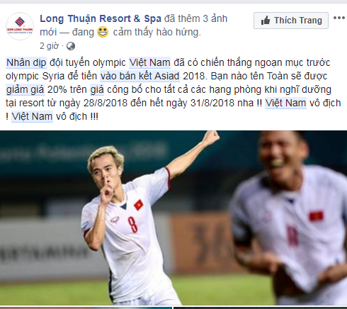 Resort Long Thuận cũng thực hiện giảm 20% giá cho các khách hàng tên Toàn khi sử dụng dịch vụ nghỉ dưỡng tại resort trong 4 ngày từ 28 – 31/8. Ảnh chụp màn hình facebook.