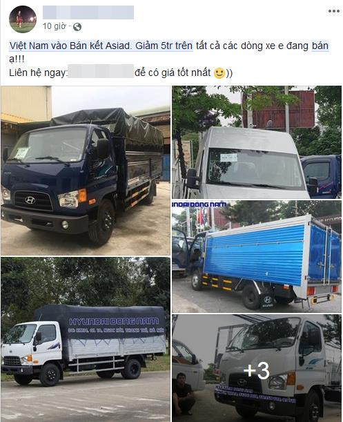 Một hãng xe bán tải cũng quyết định giảm 5 triệu/xe cho những dòng xe đang bán để ăn mừng nhân dịp Olympic Việt Nam vào bán kết Asiad 2018. Ảnh chụp màn hình facebook.