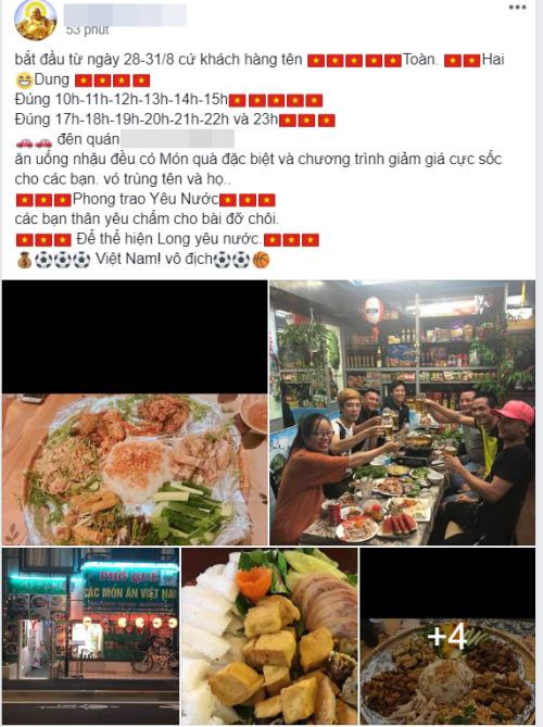 Gần như đồng thời, hàng loạt cửa hàng tung chiêu khuyến mãi nhằm bày tỏ sự tri ân với các cầu thủ Việt Nam. Một nhà hàng ở Hà Nội giảm giá cho những khách hàng có tên Toàn, Hải, Dũng như tặng quà, giảm giá sốc từ ngày 28 – 31/8. Ảnh: Bnews.