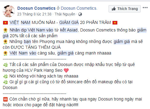Trước đó, cửa hàng mỹ phẩm tại Thái Nguyên giảm giá cho những ai tên Phượng, sau khi cầu thủ Công Phượng ghi bàn thắng quyết định giúp Olympic Việt Nam vào trận tứ kết. Ảnh chụp màn hình facebook.