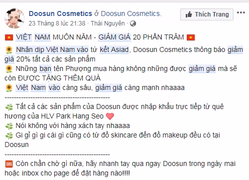 Trước đó, cửa hàng mỹ phẩm tại Thái Nguyên giảm giá cho những ai tên Phượng, sau khi cầu thủ Công Phượng ghi bàn thắng quyết định giúp Olympic Việt Nam vào trận tứ kết. Ảnh chụp màn hình facebook.