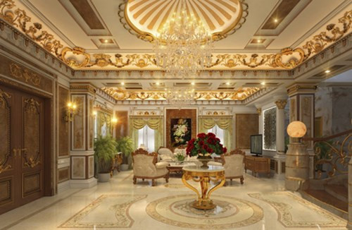 Ngô Mỹ Uyên. Nổi tiếng là hoa hậu giàu nhất Việt Nam với căn nhà đâu đâu cũng dát vàng 300 tỷ. Tông màu vàng hoàng gia là màu chủ đạo của căn biệt thự, nó thể hiện sự quyền quý, toát lên sự giàu sang của gia chủ.