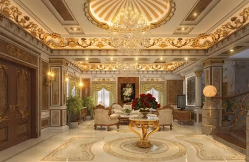 Ngô Mỹ Uyên. Nổi tiếng là hoa hậu giàu nhất Việt Nam với căn nhà đâu đâu cũng dát vàng 300 tỷ. Tông màu vàng hoàng gia là màu chủ đạo của căn biệt thự, nó thể hiện sự quyền quý, toát lên sự giàu sang của gia chủ.