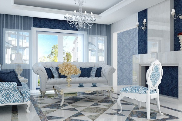 Phòng khách sang trọng với tông màu trắng - xanh. Ảnh: Honganhhalong.