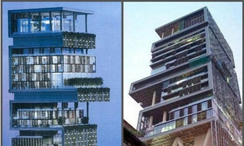 Tòa nhà được xây dựng trên 400.000 mét vuông với 27 tầng. Tên gọi Antilia xuất phát từ một hòn đảo thần thoại ở Đại Tây Dương. Tòa nhà được xây dựng hoàn toàn bằng vật liệu kính. Bên trong có một câu lạc bộ thể hình, phòng khiêu vũ và bãi đỗ xe có sức chứa 150 chiếc ôtô.