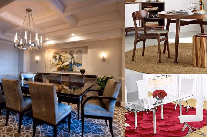 Thảm tròn được thiết kế cho một bàn ăn tròn và nếu một bàn ăn cổ điểm hình vuông hay chữ nhật thì hợp với một tấm thảm phương Đông cổ điển.