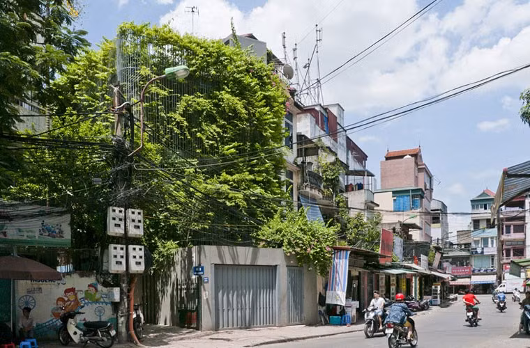 Nhà xanh ở Hà Nội. Ngôi nhà ở mặt phố bụi bặm được trang Dezen giới thiệu và ca ngợi với lối kiến trúc lạ, đưa được nhiều không gian xanh và không khí vào nhà chỉ bằng duy nhất một giàn dây leo xanh như một thác nước đổ xuống từ tầng cao.