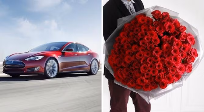 Bó hồng Ecuador trị giá gần 289 triệu đồng từng được xếp vào danh sách những món quà tình yêu đắt đỏ nhất thế giới. Điều khiến bó hoa trở nên đắt đỏ như vậy bởi nó được tặng kèm cùng một chiếc iPad mini, một chai sâm panh Louis Roederer Cristal. Đặc biệt hơn nữa là nó được mang đến tận tay người nhận bằng chiếc xe điện thể thao hạng sang Tesla P85D. Ảnh: ĐSPL.