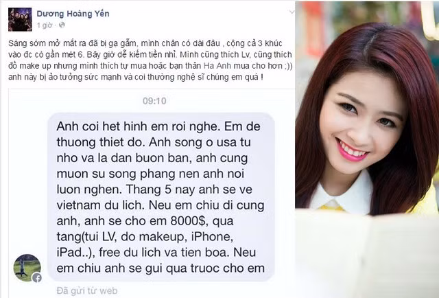 Cách đây khoảng 1 năm, nữ ca sĩ Dương Hoàng Yến đăng tải bức ảnh chụp lại màn hình điện thoại lên trang cá nhân. Nội dung của bức ảnh là tin nhắn với những lời lẽ gạ gẫm, dụ dỗ cô "đi du lịch cùng". Đại gia gạ tình này còn hứa nếu Yến đồng ý đi sẽ chi trả cho cô 8.000 USD kèm túi LV, đồ makeup, iphone, ipad... Ảnh: GĐ&amp;XH.