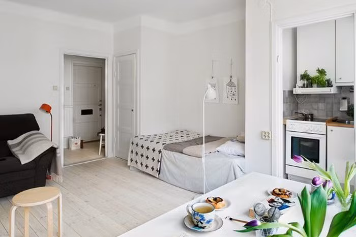 Với chung cư 20m2, bạn có thể chọn giải pháp thiết kế không gian thông suốt có nghĩa là không có sự ngăn cách giữa phòng ngủ với phòng bếp và phòng khách. Ảnh: archzine.