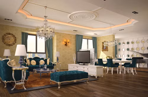 Bên cạnh đó, một số căn phòng còn được tạo điểm nhấn khéo léo khi lồng ghép nội thất châu Âu hiện đại bọc nhung cổ điển tạo cảm giác rất hoàng gia.