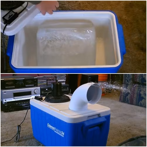 Sau khi gắn ống nhựa và quạt điện vào thùng xốp, bạn chỉ cần cho đá vào thùng, bật quạt điện lên là "điều hòa" có thể hoạt động. Ảnh: Thoibao.