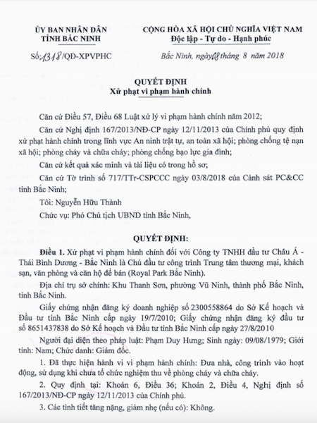 Trước đó, UBND tỉnh Bắc Ninh cũng đã ra quyết định xử phạt hành chính đối với Công ty TNHH đầu tư Châu Á - Thái Bình Dương - Bắc Ninh là chủ đầu tư dự án Royal Park Bắc Ninh do sai phạm liên quan đến phòng cháy chữa cháy (PCCC) tại dự án này. Ảnh: Sở hữu trí tuệ.