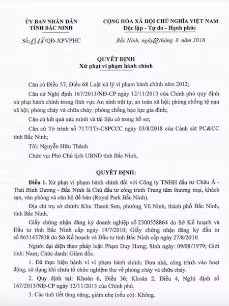 Trước đó, UBND tỉnh Bắc Ninh cũng đã ra quyết định xử phạt hành chính đối với Công ty TNHH đầu tư Châu Á - Thái Bình Dương - Bắc Ninh là chủ đầu tư dự án Royal Park Bắc Ninh do sai phạm liên quan đến phòng cháy chữa cháy (PCCC) tại dự án này. Ảnh: Sở hữu trí tuệ.