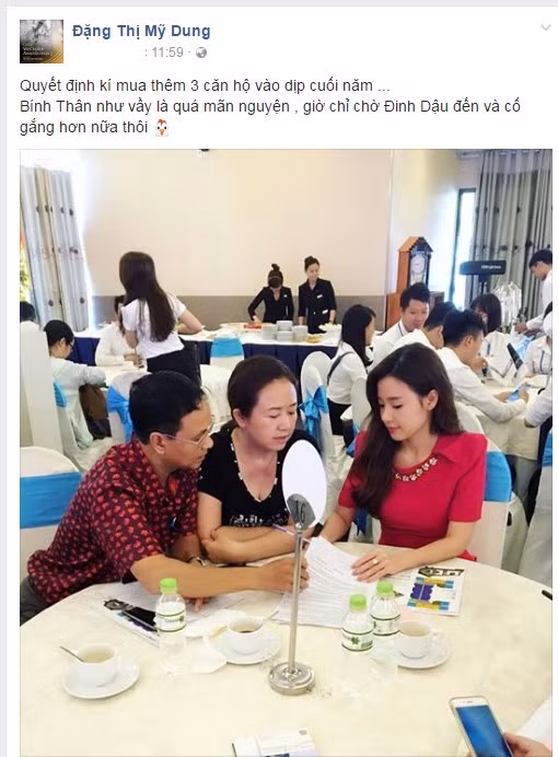 Cùng với đó là dòng status ấn tượng: “Quyết định kí mua thêm 3 căn hộ vào dịp cuối năm… Bính Thân như vầy là quá mãn nguyện , giờ chỉ chờ Đinh Dậu đến và cố gắng hơn nữa thôi”. Thông tin Midu mua 3 căn hộ ngay lập tức nhận được hàng ngàn lượt quan tâm, bình luận của fan hâm mộ. Ảnh: FBNV.
