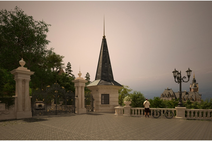 Phần lớn mặt sân lát đá xám và để trống, bao quanh là những vòm cửa ốp đá marble màu beige, tượng sử dụng không nhiều nhưng được lựa chọn cực kì cẩn thận. Ảnh: Đất Việt. 