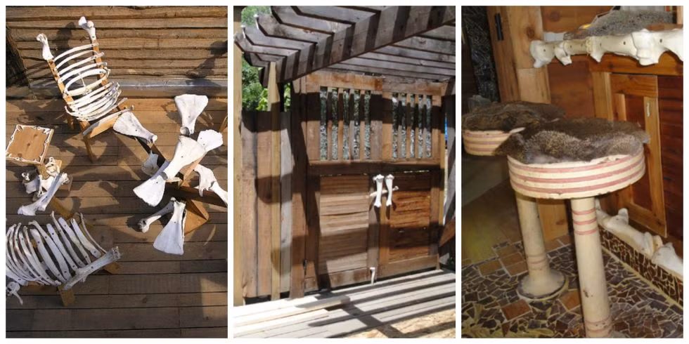 Không chỉ là ngôi nhà, phía bên trong dường như rất hoang dã với những đồ gia dụng đều được tái chế từ đồ thải như xương hay những trụ xi măng bỏ đi để làm bàn ghế.