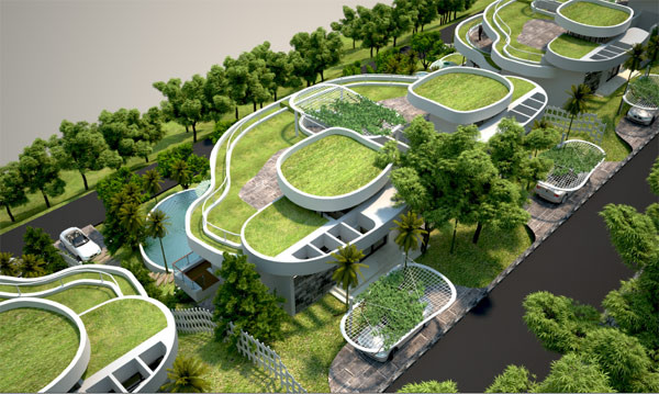 Nhìn từ trên cao, những ngôi nhà có vườn trên mái trông rất đẹp mắt và tràn đầy sức sống. Ảnh: Greensolution.