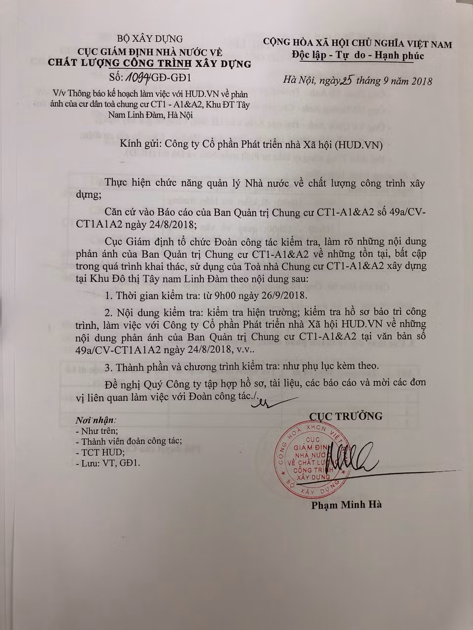 Theo Dân Việt, mới đây, Cục Giám định nhà nước về chất lượng Công trình xây dựng, Bộ Xây dựng đã làm việc với Công ty Cổ phần Phát triển nhà Xã hội (HUD) để làm rõ những phản ánh của cư dân tòa chung cư CT1 – A1&amp;A2, Khu đô thị Tây Nam Linh Đàm. Ảnh: Dân Việt.