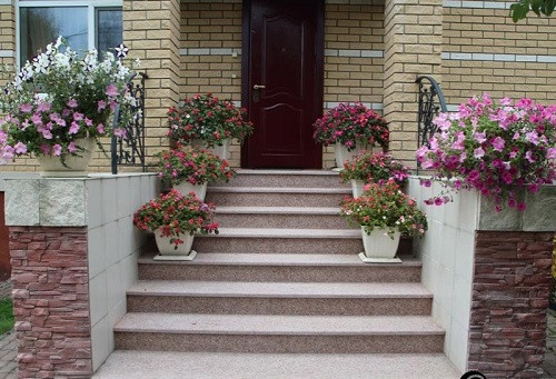 Bạn cũng có thể trang trí mặt tiền nhà bằng cách xếp những chậu hoa nhỏ dọc hai bên lối cầu thang dẫn lên ngôi nhà của bạn như thế này. Ảnh: Dothi.