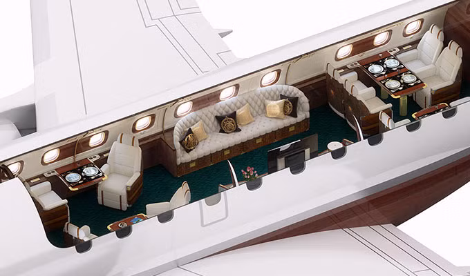 Nhìn từ mặt cắt chiếc chuyên cơ này, bạn có thể thấy rằng, nó có nhiều phòng ốc rộng rãi không khác gì một chiếc du thuyền lớn.